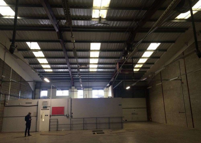 Inside the warehouse while under construction. The floors are not yet completed